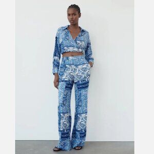 NEW Zara Set Cropped Print Top shirt with wrap V-neckline & Pants Blue White XS